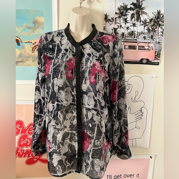 The Kooples M unique printed blouse with leather panel over buttons NWOT France - Picture 1 of 2